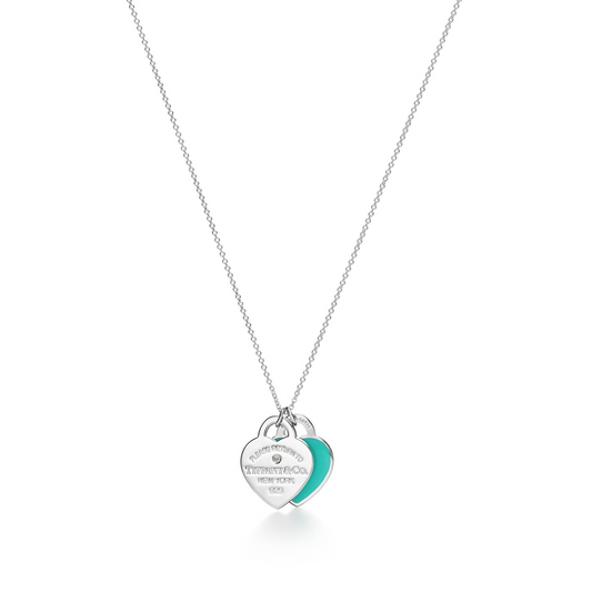 Double Heart Engraving Necklace- Blue